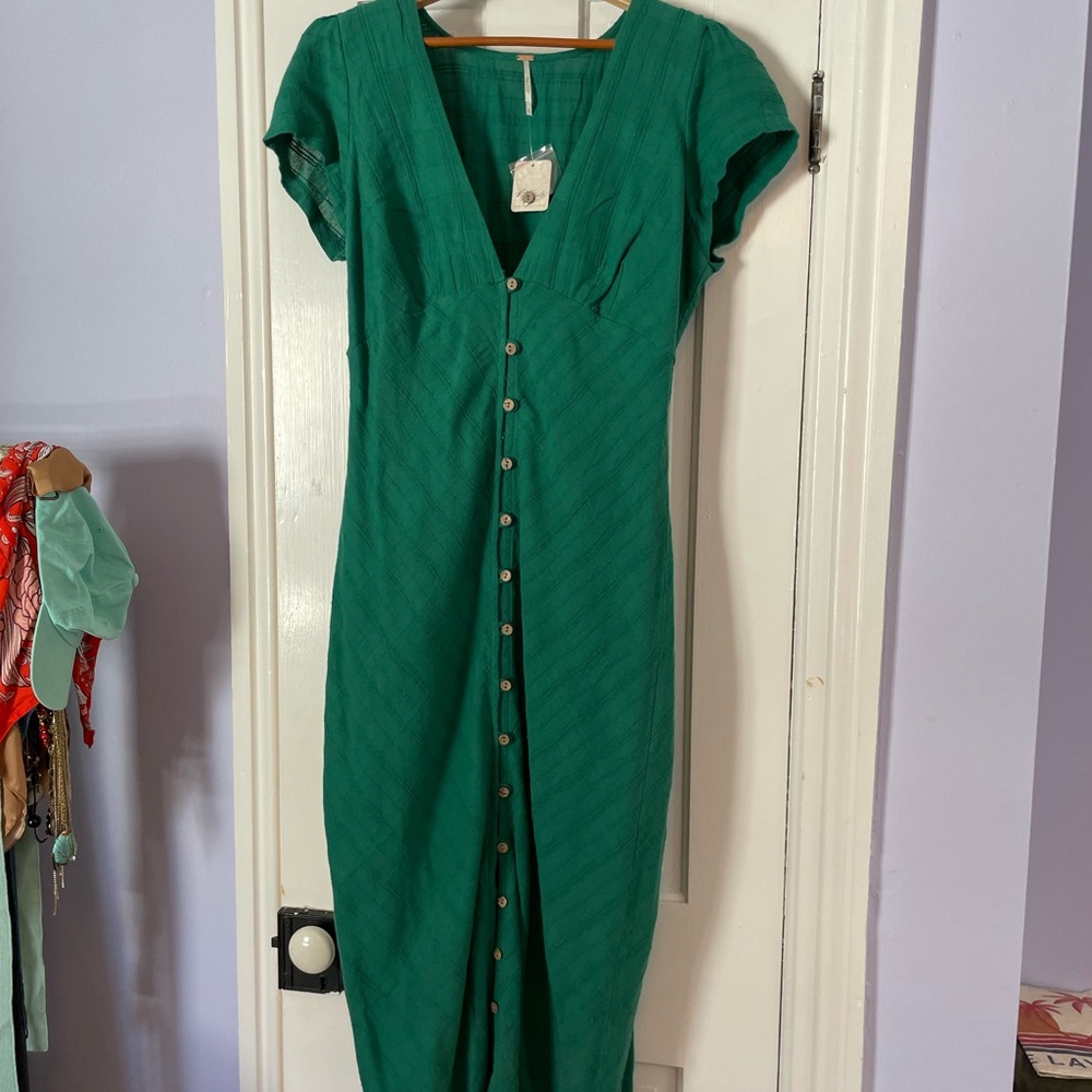 Free People Green Midi Dress with Button Detail NWT